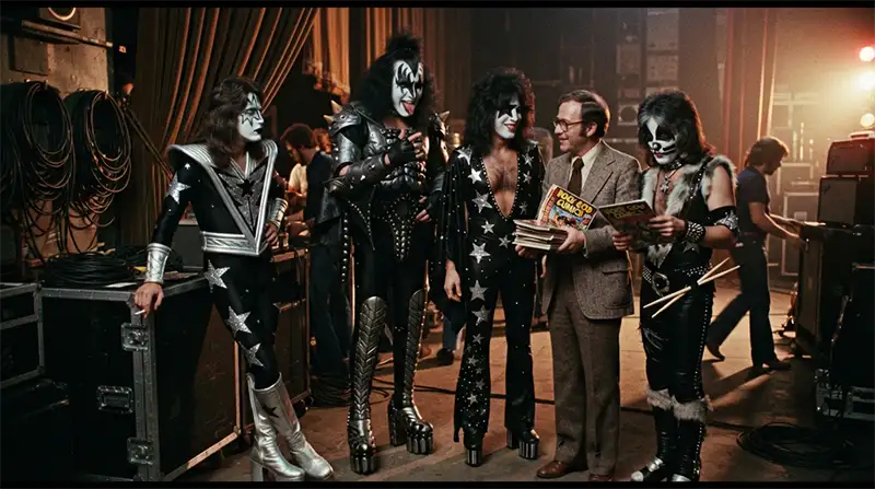 Músicos inspirados en KISS y el cómic: los integrantes de la banda durante la extravagante historia de la creación de su cómic de Marvel en 1977.