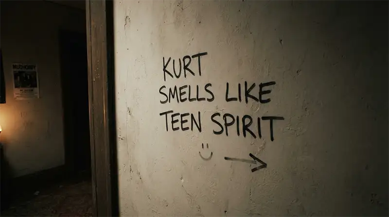 Grafiti que inspiró el título de Smells Like Teen Spirit escrito sobre una pared.