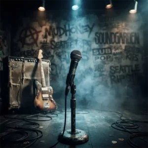 Micrófono y escenario inspirados en la estética grunge de Nirvana para una trivia sobre Smells Like Teen Spirit.