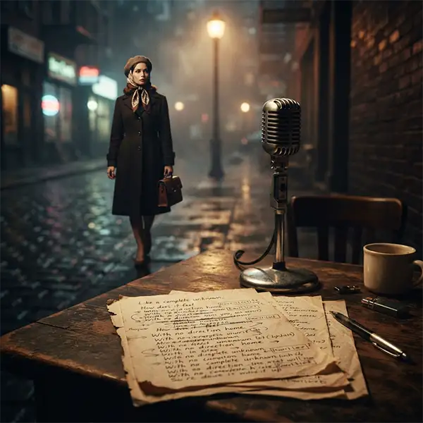 Micrófono, manuscritos y una figura femenina inspirados en el misterio sobre la destinataria de Like a Rolling Stone.