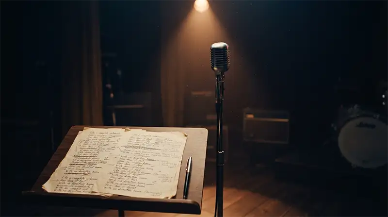 Micrófono y manuscritos inspirados en la creación de Like a Rolling Stone de Bob Dylan.