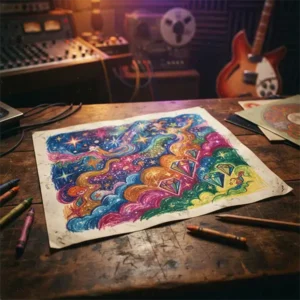 Ilustración inspirada en el dibujo infantil que dio origen a Lucy in the Sky with Diamonds, evocando el debate sobre su verdadero significado.