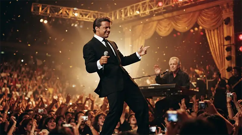 Cantante latino inspirado en Luis Miguel durante un concierto de los años 90, mientras un músico intenta advertirle discretamente de un accidente de vestuario.