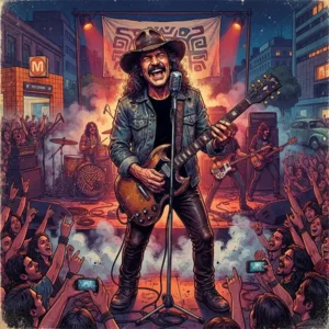 Metro balderas trivia Representación de Alex Lora y El Tri interpretando rocanrol frente a una multitud en una ilustración inspirada en la historia del rock mexicano.
