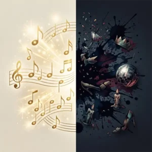 Ilustración conceptual dividida entre la genialidad musical y el caos de los excesos en el rock.