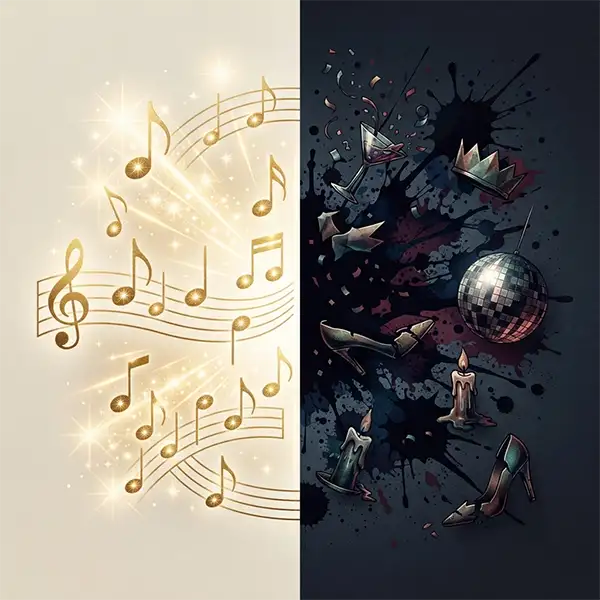Ilustración conceptual dividida entre la genialidad musical y el caos de los excesos en el rock.