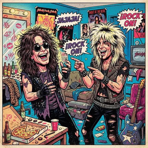 Caricatura cómica retro de Ozzy Osbourne y Nikki Sixx en los años ochenta.
