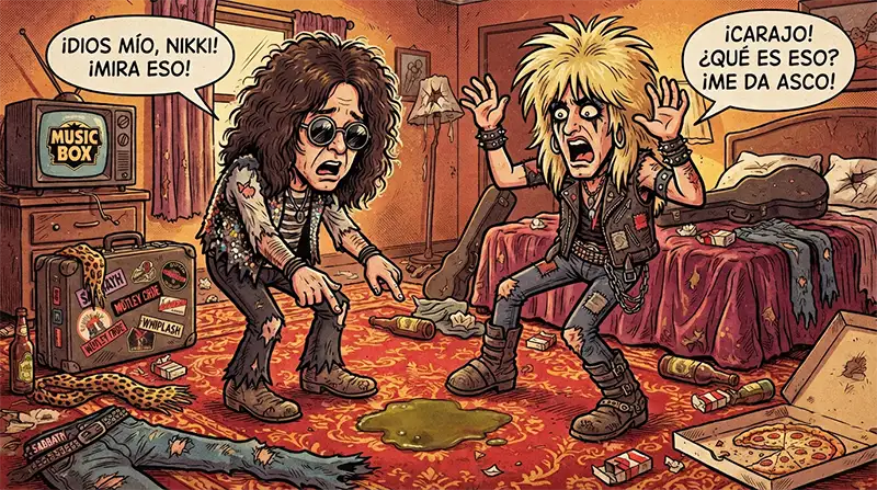 Ilustración cómica de una reacción exagerada en un hotel de rockeros en los ochenta.