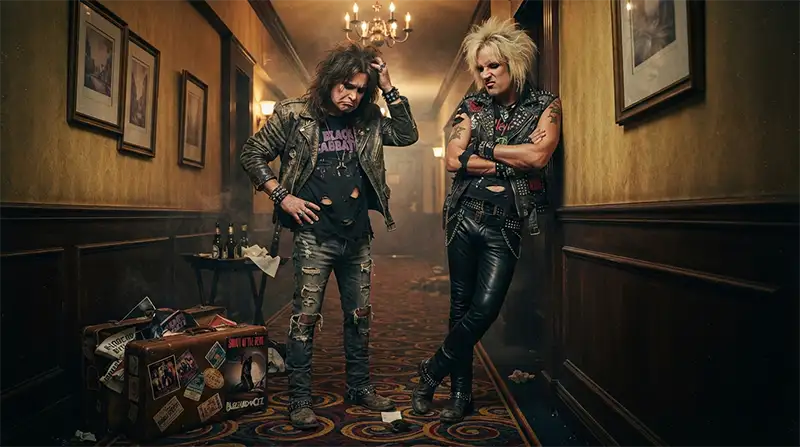 Actores inspirados en Ozzy y Nikki ambientados en los años ochenta recreando la tensión humorística en un pasillo de hotel.