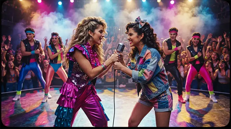 Texto alternativo: Dos jóvenes cantantes inspiradas en Paulina Rubio y Thalía disputan un micrófono durante una actuación al estilo de Timbiriche en los años 80.