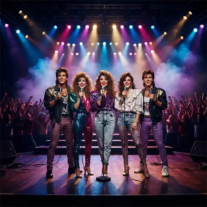 Grupo de jóvenes artistas inspirado en Timbiriche durante la época de su álbum Timbiriche 7, sobre un escenario de pop mexicano de los años 80.