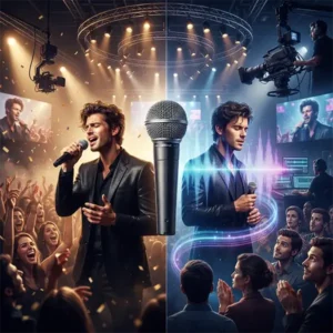 Playback trivia «Micrófono en un escenario rodeado de elementos de producción televisiva que representa los secretos del playback y las actuaciones en directo.»