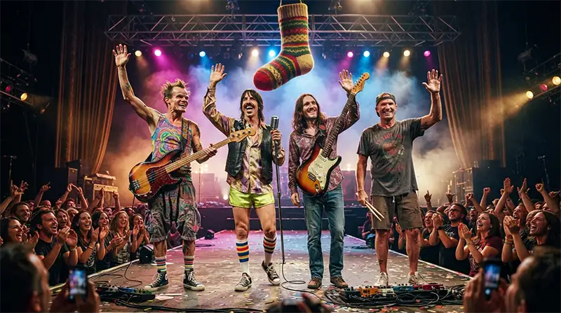 Banda inspirada en Red Hot Chili Peppers celebrando el final de un concierto con un divertido guiño al famoso calcetín.