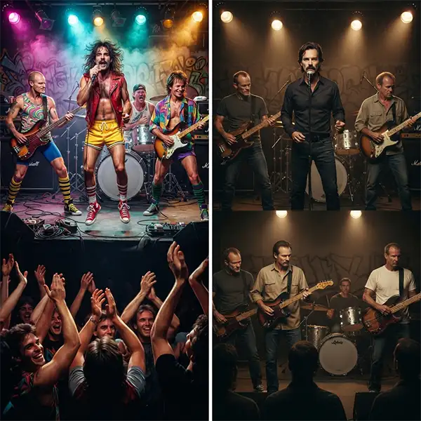 Comparación entre una puesta en escena provocadora y otra tradicional inspirada en Red Hot Chili Peppers.