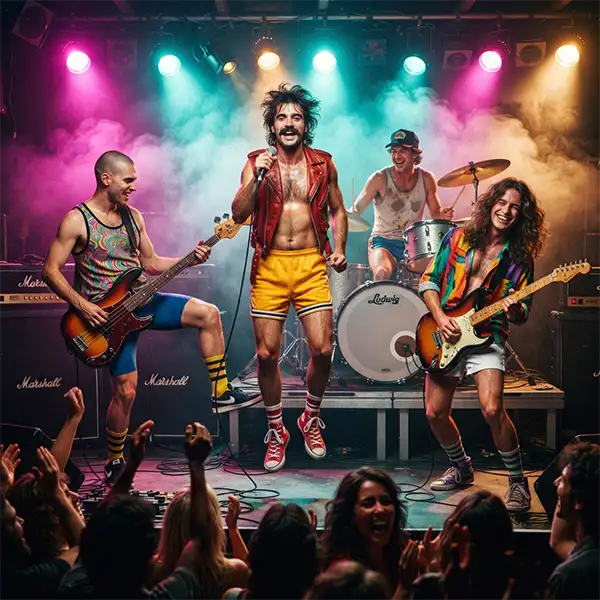 Banda inspirada en los Red Hot Chili Peppers actuando con un vestuario colorido y calcetines llamativos durante un concierto lleno de energía y humor.
