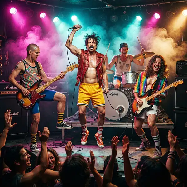 Banda inspirada en los Red Hot Chili Peppers ofreciendo un concierto lleno de energía con un vestuario colorido y calcetines llamativos.