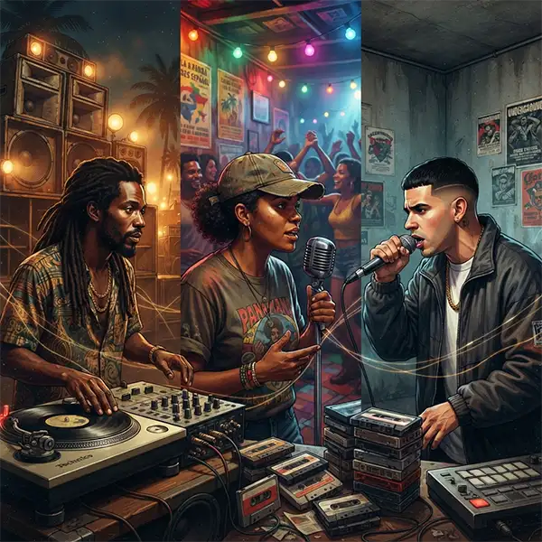 Representación del debate sobre el origen del reguetón entre las raíces jamaicanas, el reggae en español de Panamá y la evolución del género en Puerto Rico.