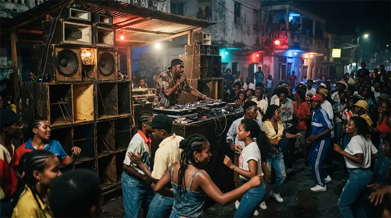 Una escena de dancehall en Jamaica durante los años noventa, con un DJ frente a un potente sistema de sonido.