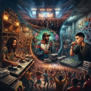 Representación de la evolución del reguetón desde sus raíces jamaicanas y el reggae en español de Panamá hasta su consolidación en Puerto Rico y expansión mundial.