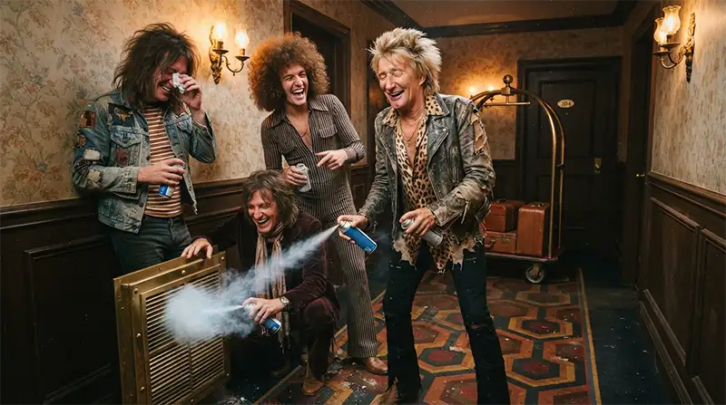 Actores interpretando a Rod Stewart y The Faces, caracterizados como rockeros de los 70 manipulando sistemas de aire acondicionado en un hotel.