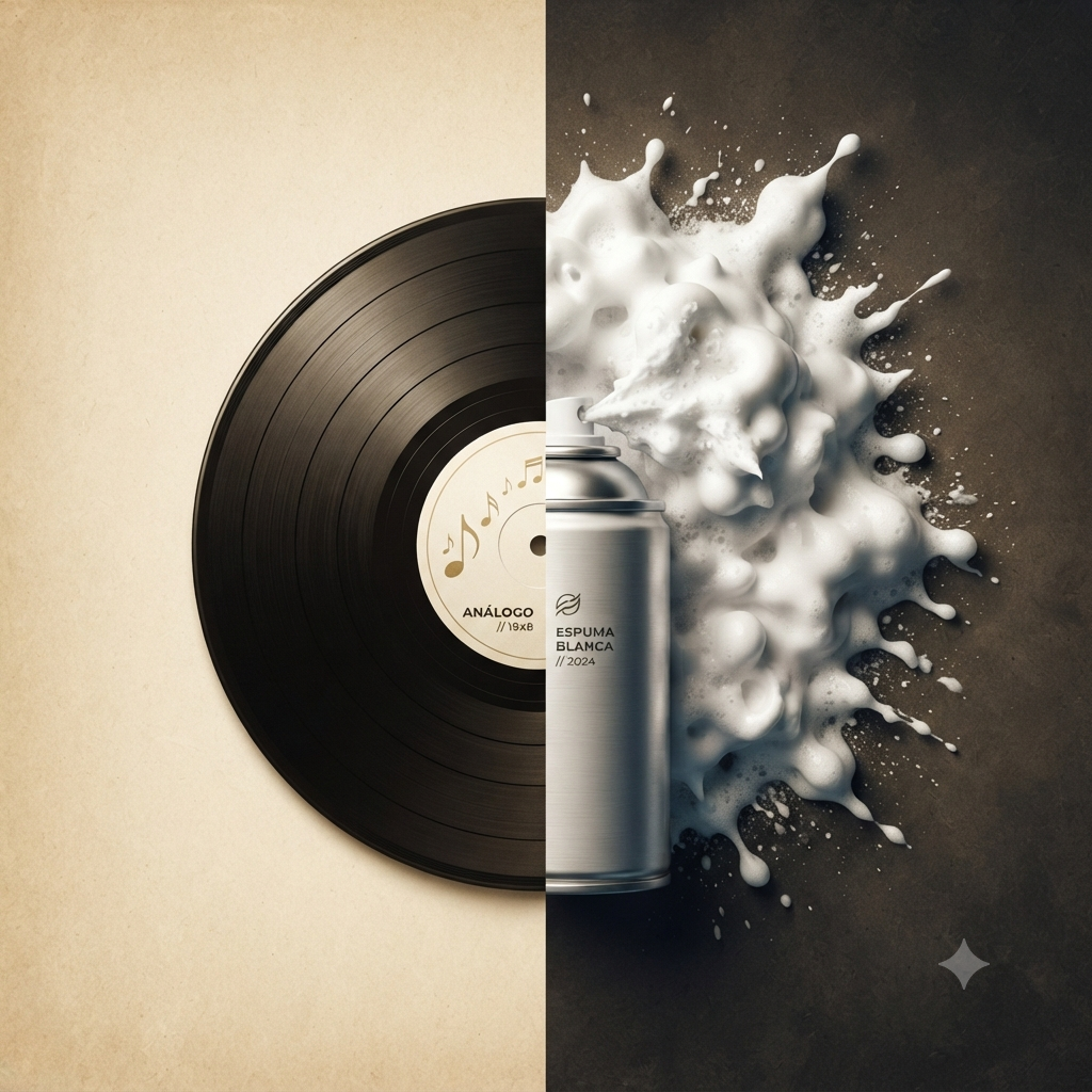 Ilustración conceptual entre la música clásica de vinilo y el caos de las bromas de espuma de afeitar.