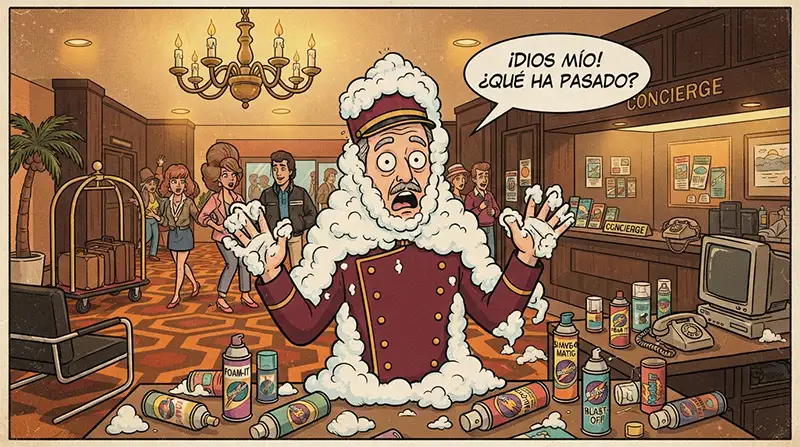 Ilustración cómica de un recepcionista de hotel sorprendido por espuma de afeitar.
