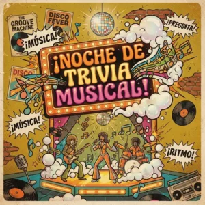 Ilustración estilo cómic retro para trivia de rock de los años setenta.