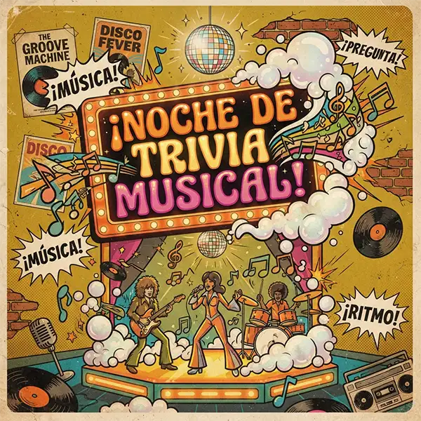Ilustración estilo cómic retro para trivia de rock de los años setenta.