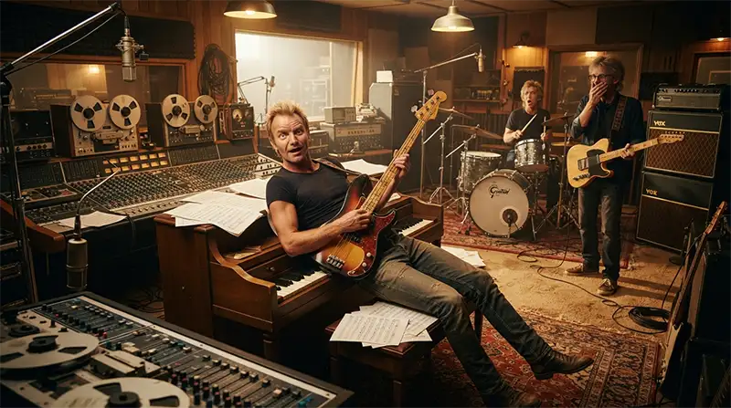 Músico inspirado en Sting sentándose accidentalmente sobre un piano durante una sesión de grabación.