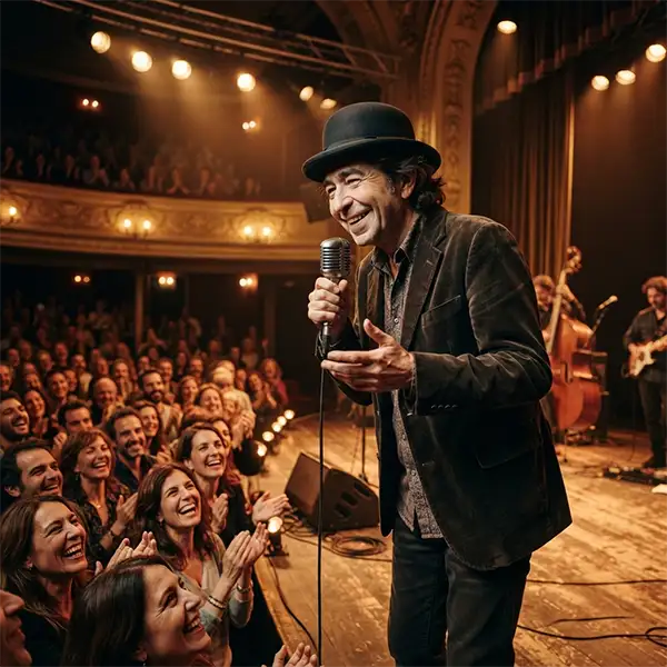 Artista inspirado en Joaquín Sabina improvisando con humor y cercanía durante un concierto ante un público entusiasmado.