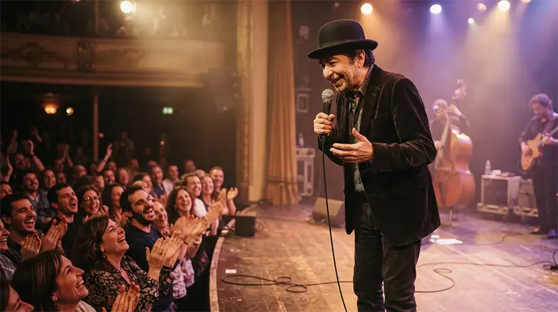 Cantante inspirado en Joaquín Sabina improvisando con humor durante un concierto.