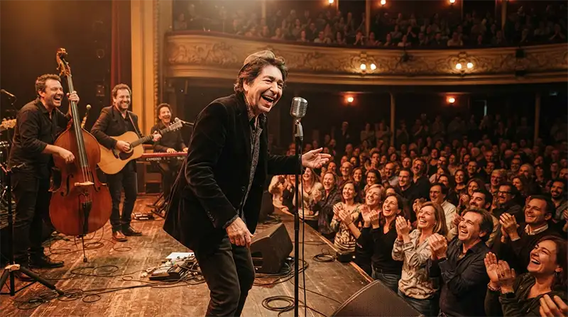 Artista inspirado en Joaquín Sabina compartiendo un momento divertido con el público.