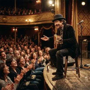 Sabina trivia Artista inspirado en Joaquín Sabina improvisando con humor y cercanía durante un concierto.