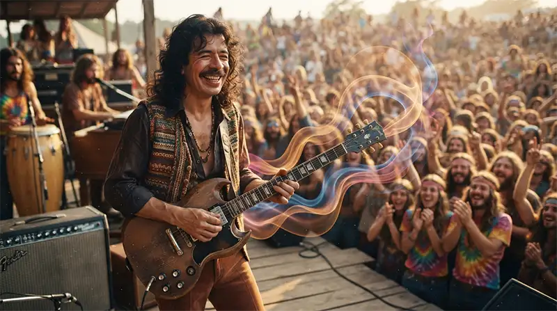 Guitarrista inspirado en Carlos Santana interpretando un solo durante un festival con efectos visuales artísticos.