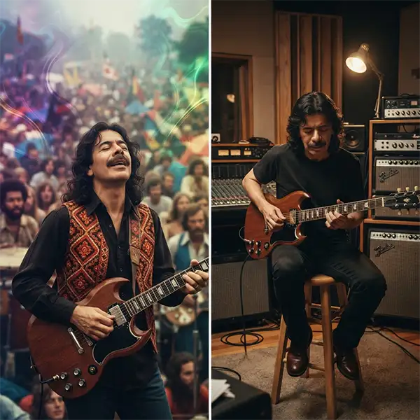 Comparación entre la preparación musical y la intensidad emocional durante la actuación de Carlos Santana en Woodstock.