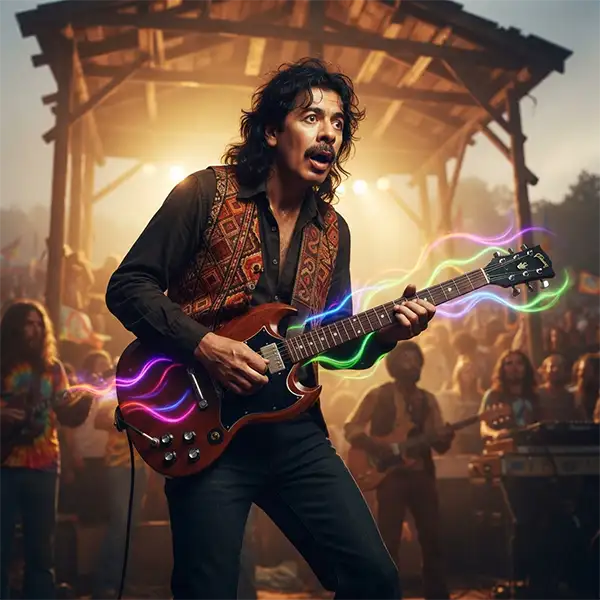 Guitarrista inspirado en Carlos Santana durante Woodstock interpretando un solo mientras observa efectos visuales artísticos alrededor de su guitarra.