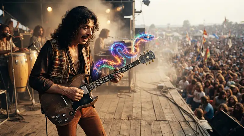 Guitarrista inspirado en Carlos Santana durante Woodstock observando una ilusión artística sobre el mástil de su guitarra.