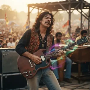 Santana trivia Guitarrista inspirado en Carlos Santana interpretando un solo durante Woodstock con efectos visuales artísticos alrededor de la guitarra.