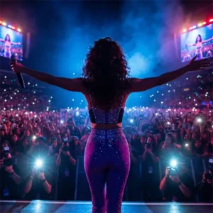 Retrato cinematográfico de Selena Quintanilla en el escenario bajo luces de neón, simbolizando su impacto en la música regional.