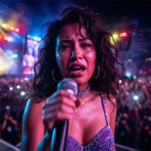 Retrato cinematográfico de una actriz de Selena Quintanilla en el escenario bajo luces de neón vibrantes, capturando su momento de consagración histórica.