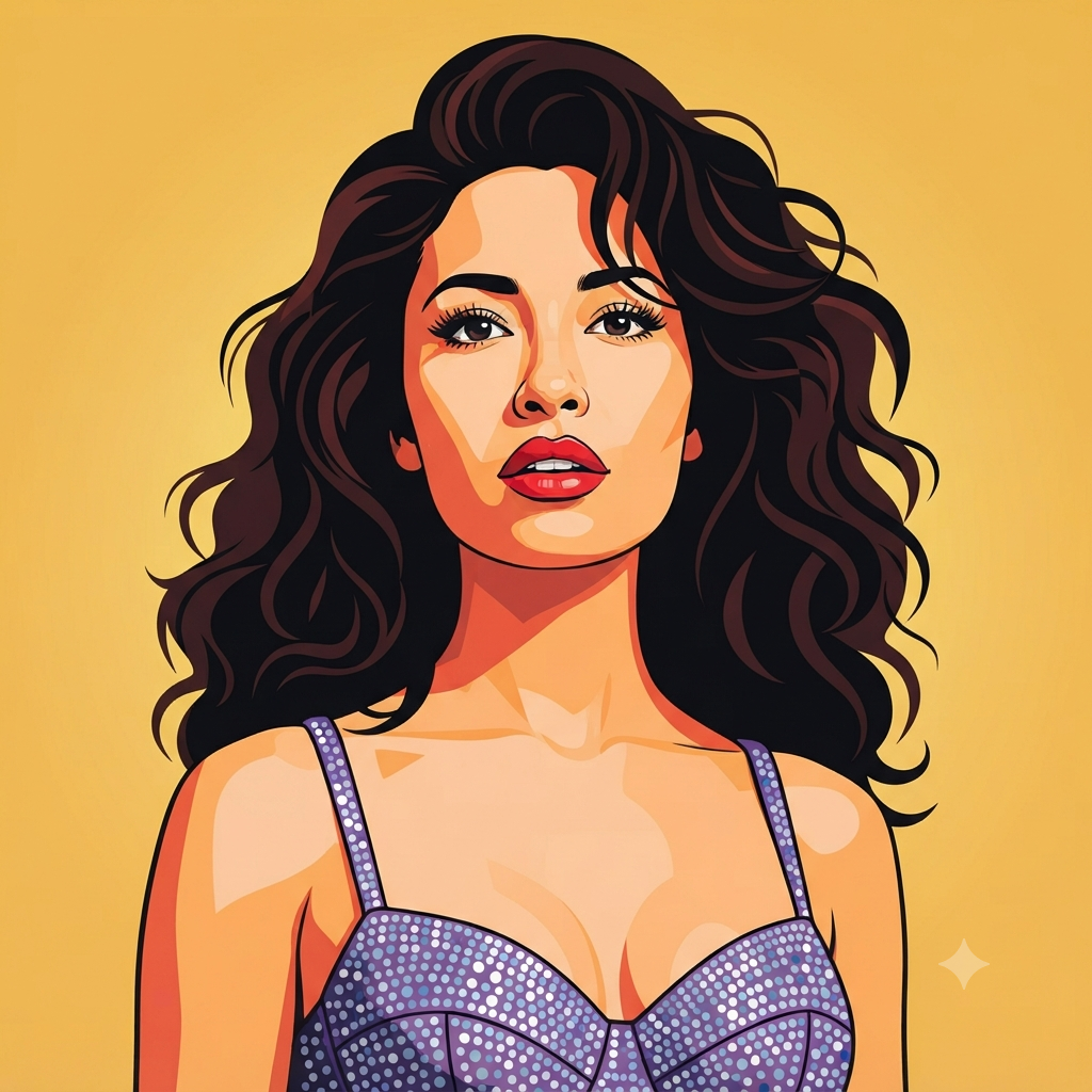 Ilustración estilo pop-art de Selena Quintanilla, capturando su energía icónica.