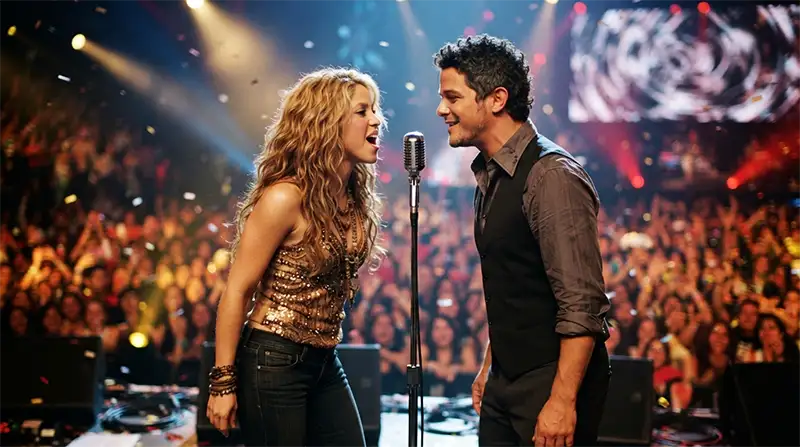 Cantantes inspirados en Shakira y Alejandro Sanz interpretando juntos una canción inspirada en La Tortura durante una presentación musical.
