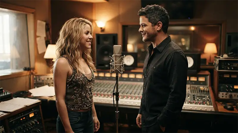 Cantantes inspirados en Shakira y Alejandro Sanz concentrados en una sesión de grabación de La Tortura.