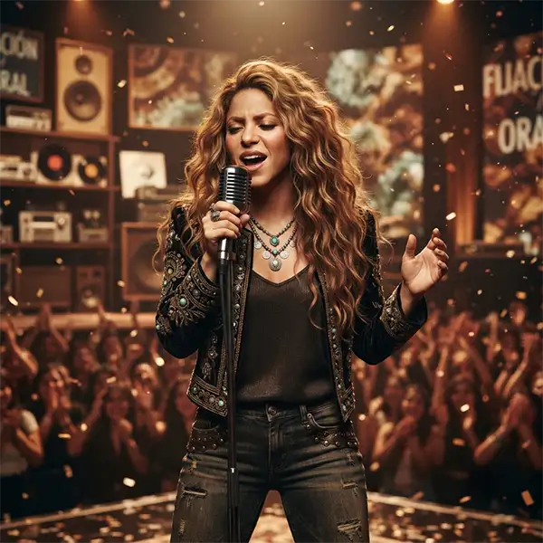 Cantante inspirada en Shakira durante la era musical de Fijación Oral Vol. 1, inspirada en la estética de mediados de los años 2000.