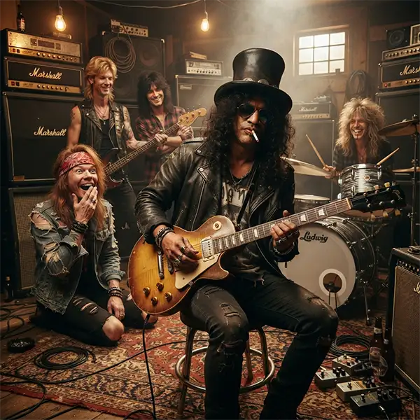 Guitarrista inspirado en Slash creando accidentalmente el riff de Sweet Child O' Mine durante un ensayo de Guns N' Roses.