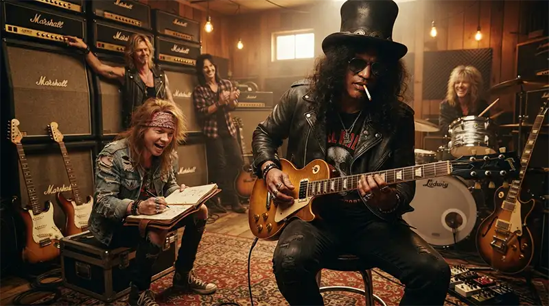 Banda de rock inspirada en Guns N' Roses desarrollando una canción a partir de un riff improvisado.