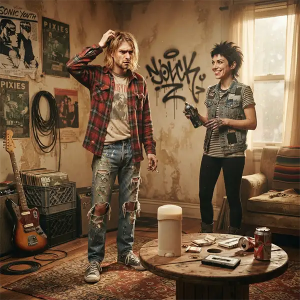 Músico inspirado en Kurt Cobain descubriendo la frase que dio origen al nombre de Smells Like Teen Spirit.