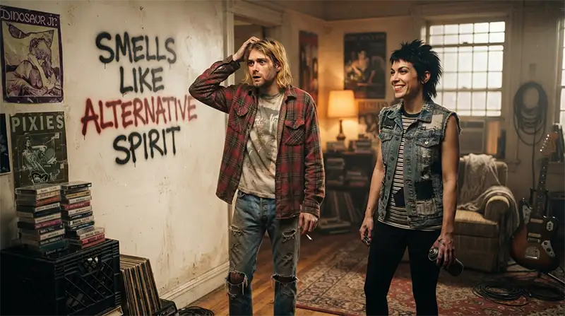 Músico inspirado en Kurt Cobain observando un grafiti que cambiaría la historia del rock.