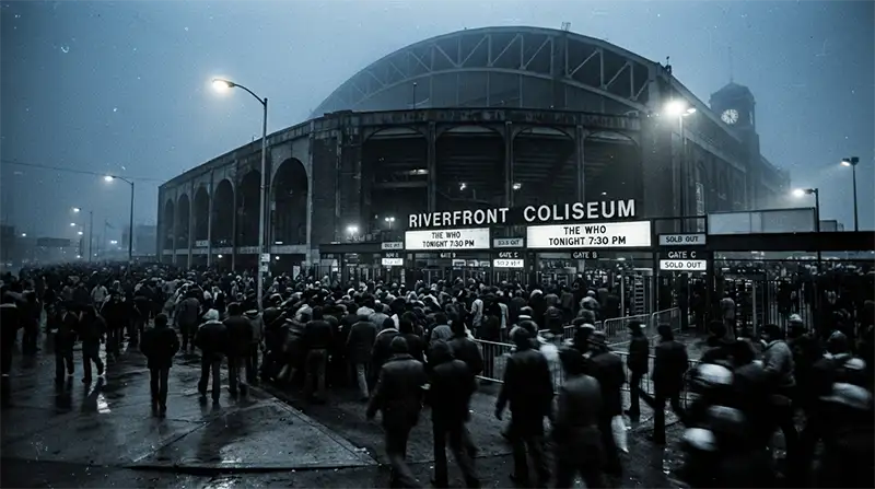 Afueras del Riverfront Coliseum antes de la tragedia de The Who en Cincinnati.