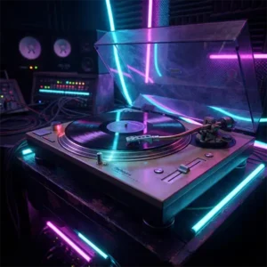 Tocadiscos clásico integrándose en un entorno tecnológico moderno.